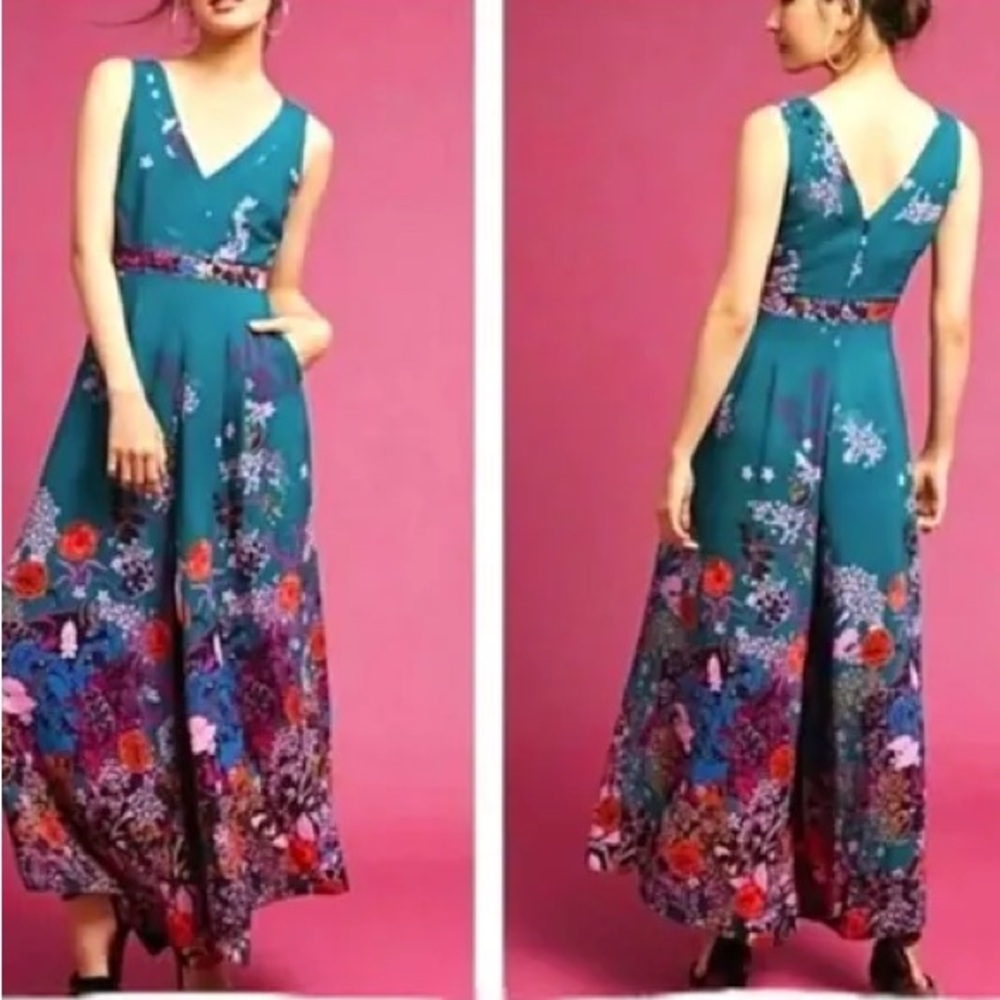 Anthropology/Maeve Teal Floral Jumpsuit Size S - Picture 3 of 7